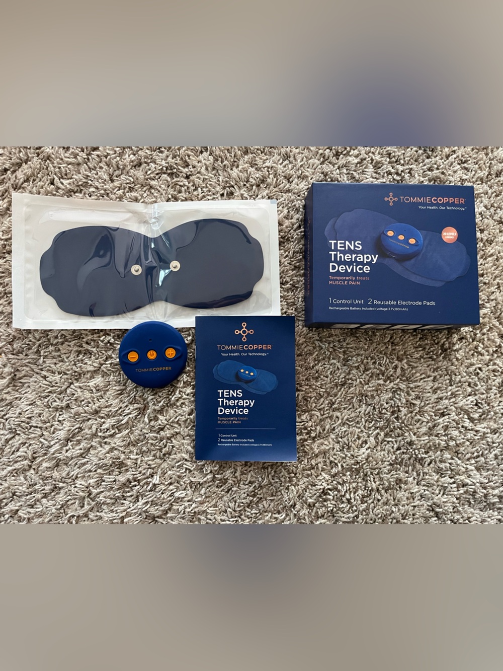 Blue TENS Therapy Device with Reusable Electrode Pad (one)